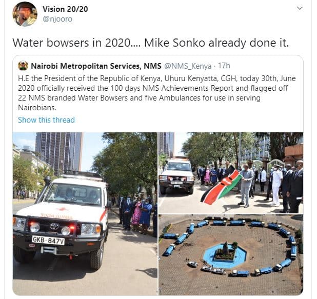 Vision 2020 njooro water bowsers in . mike sonko already done it. nairobi metrop