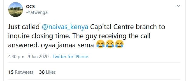 Ocs atwenga just called naivas_kenya capital centre branch to inquire closing ti