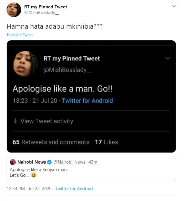 Rt my pinned tweet mishbosslady hamna hata adabu mkiniibia??? translate tweet rt