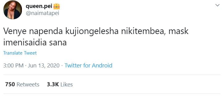 Queen pei naimatapei venye napenda kujiongelesha nikitembea mask imenisaidia san