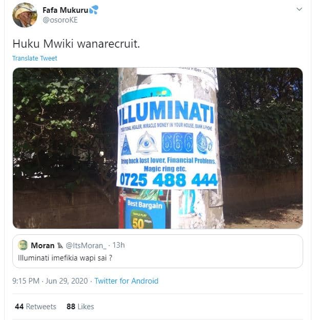 Fafa mukuru osoroke huku mwiki wanarecruit. translate tweet illuminati keales ma