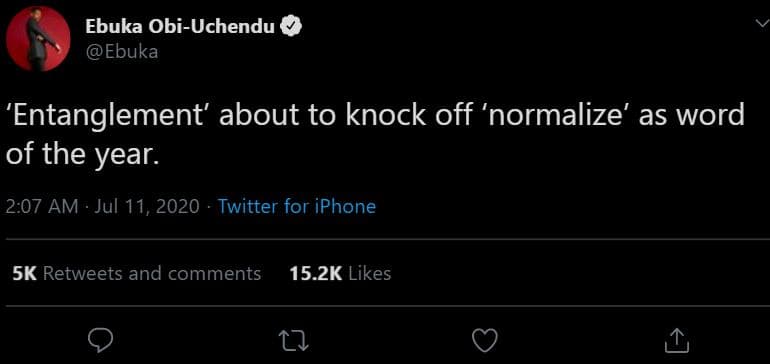 Ebuka obiuchendu ebuka 'entanglement' about to knock off 'normalize' as word of