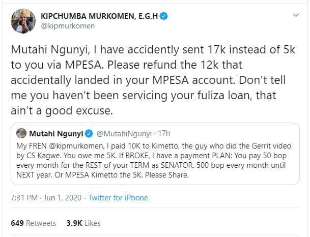 Kipchumba murkomen, eg.h kipmurkomen mutahi ngunyi have accidently sent 17k inst