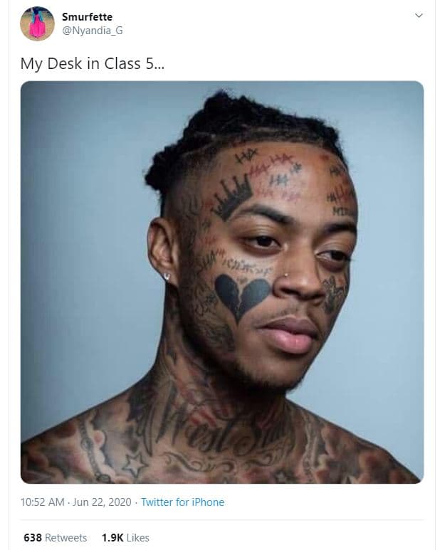 Smurfette nyandia_g my desk in class 5. vp kxnks hr 10.52 am jun 22, twitter for