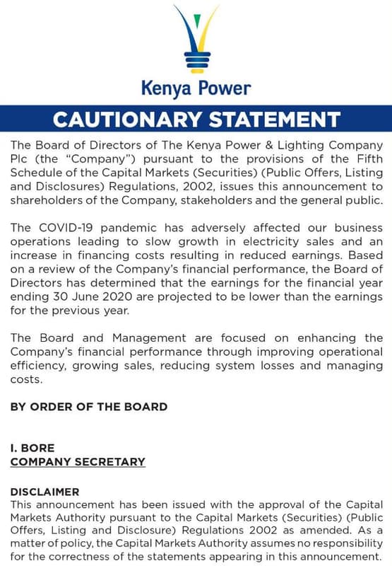 Kenya power cautionary statement the board of directors of the kenya power light