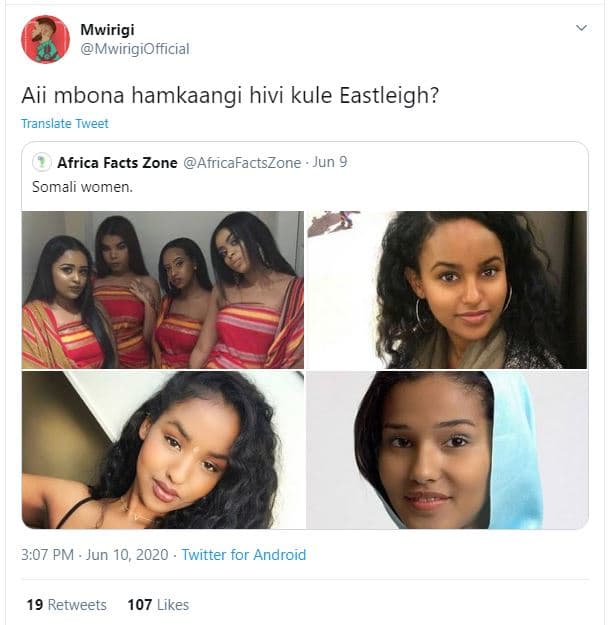 Mwirigi mwirigiofficial aii mbona hamkaangi hivi kule eastleigh? translate tweet