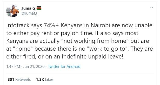 Juma g jumaf3_ infotrack says 74 kenyans in nairobi are now unable to either pay