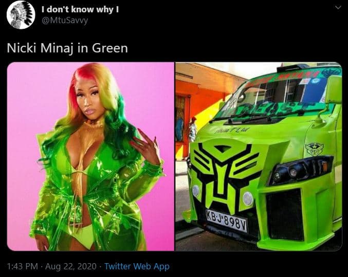 Don't know why mtusavvy nicki minaj in green 1.43 pm aug 22, twitter web app 898