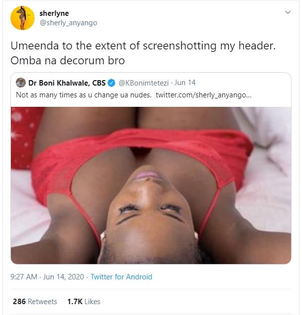 Sherlyne sherly_anyango umeenda to the extent of screenshotting my header. omba