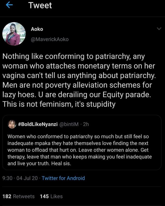 Tweet aoko maverickaoko nothing like conforming to patriarchy any woman who atta