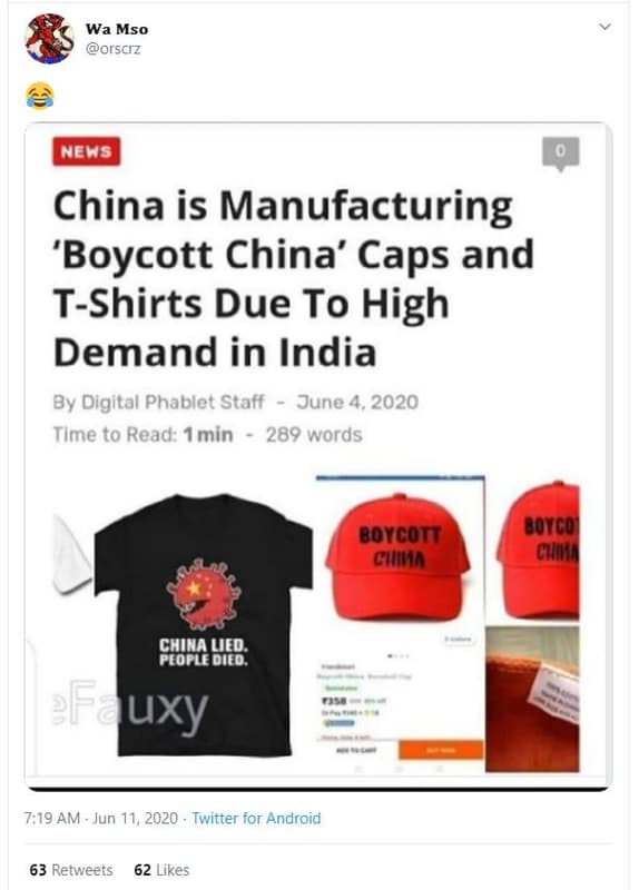 Wa mso orscız neus china is manufacturing 'boycott china' caps and tshirts due t