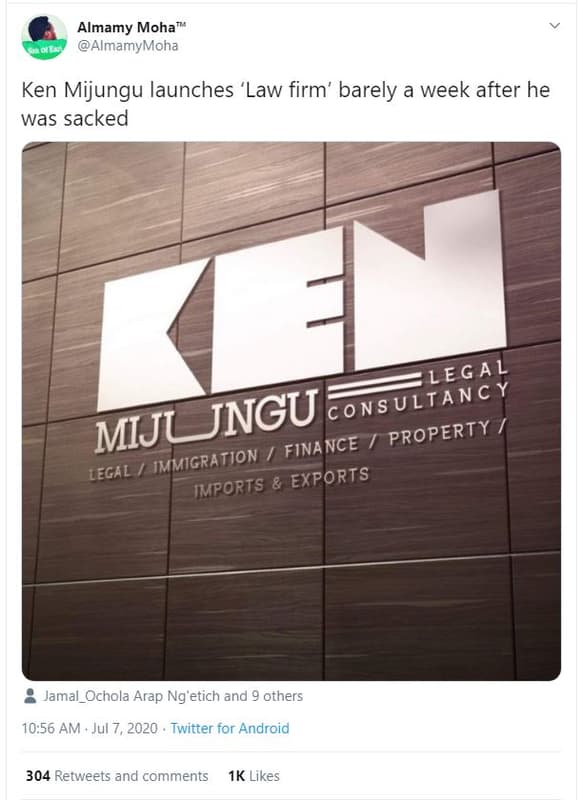 Almamy moha almamymoha ken mijungu launches 'law firm' barely a week after he wa