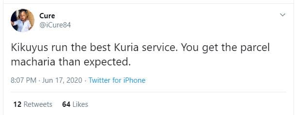 Cure icure84 kikuyus run the best kuria service. you get the parcel macharia tha