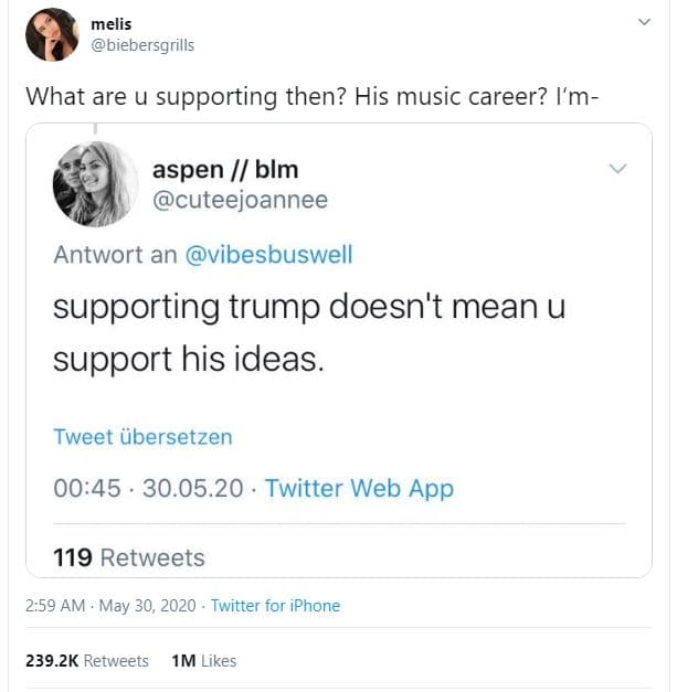 Melis biebersgrills what are u supporting then? his music career? i'm aspen blm