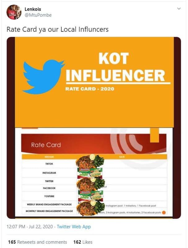 Lenkois mtupombe rate card ya our local influncers kot influencer raate card rat