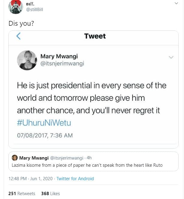 Bi. stillbill dis you? tweet mary mwangi itsnjerimwangi he is just presidential