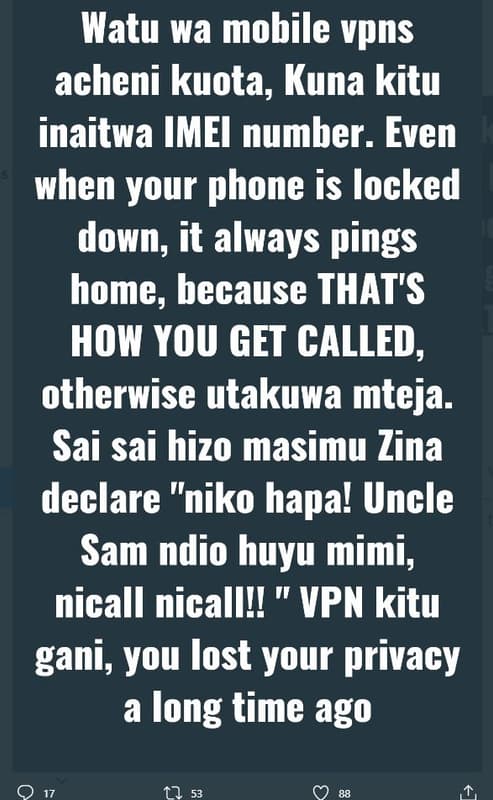 Watu wa mobile vpns acheni kuota, kuna kitu inaitwa imei number . even when your