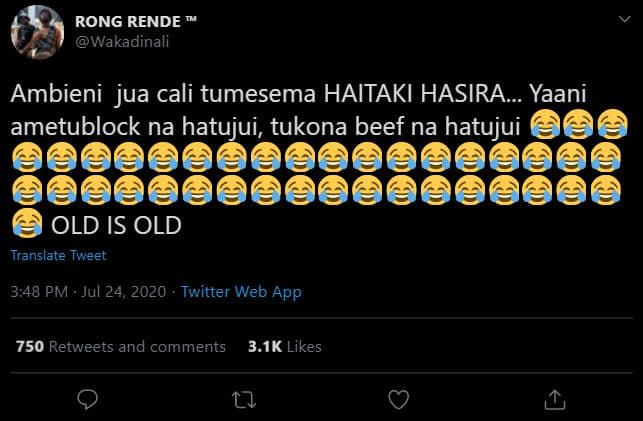 Rong rende wakadinali ambieni jua cali tumesema haitaki hasira_ yaani ametublock