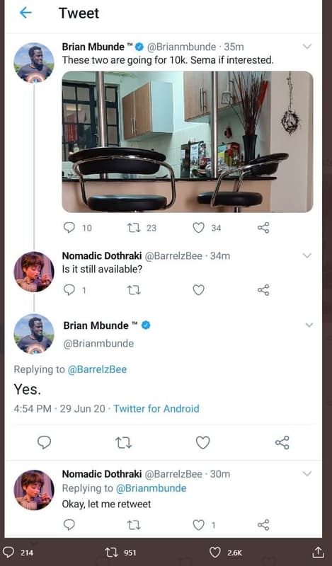 Tweet brian mbunde brianmbunde 35m these two are going for 1ok. sema if interest