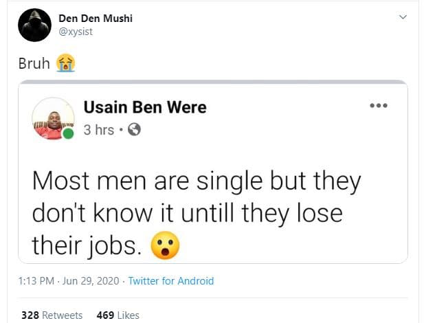 Den den mushi xysist bruh usain ben were 3 hrs most men are single but they don'