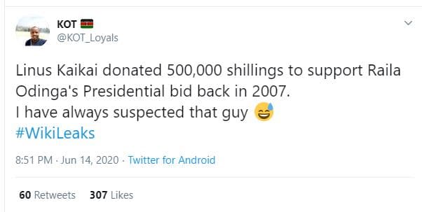 Kot kot_loyals linus kaikai donated 500,000 shillings to support raila odinga's