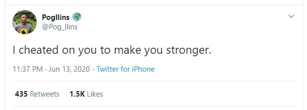 Pogllins pog_ilins cheated on you to make you stronger. 11.37 pm jun 13, twitter