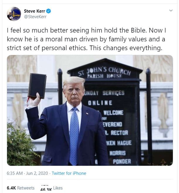 Steve kerr stevekerr feel so much better seeing him hold the bible. now know he