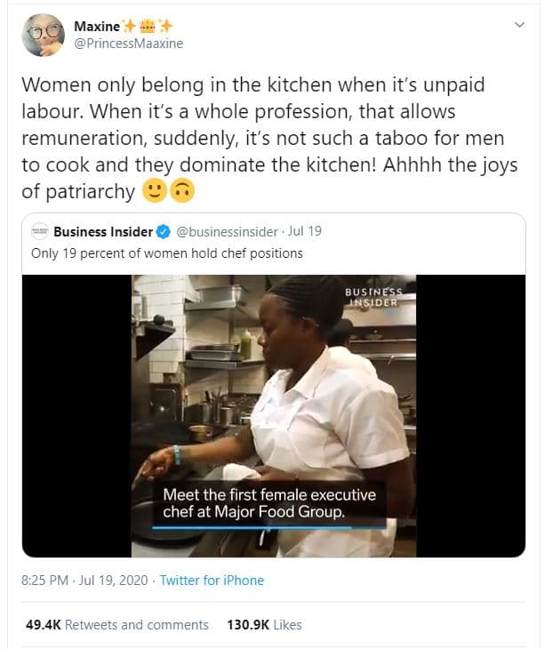 Maxine princessmaaxine women only belong in the kitchen when it's unpaid labour.