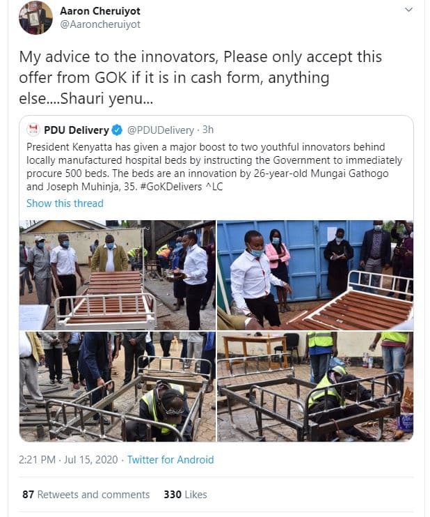 Aaron cheruiyot aaroncheruiyot my advice to the innovators, please only accept t