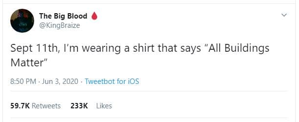 The big blood kingbraize sept 11th i'm wearing a shirt that says aii buildings m