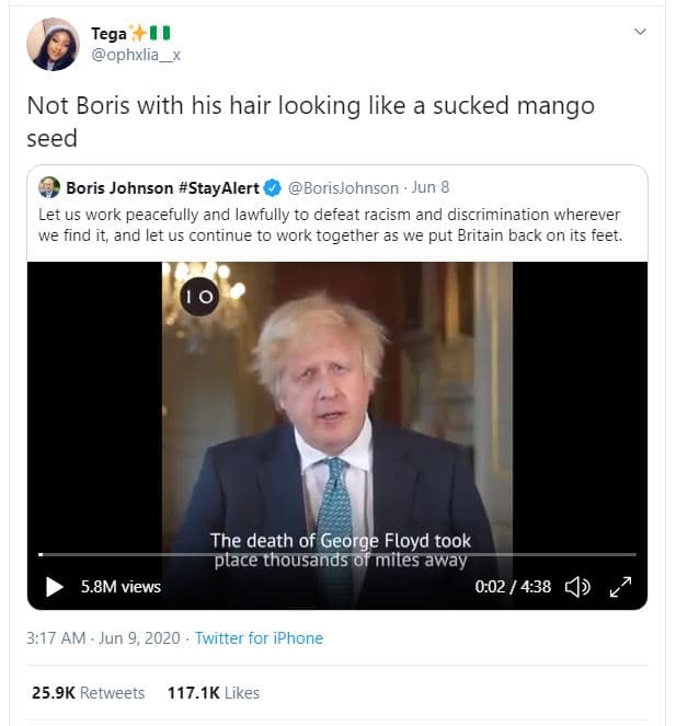 Tega ophxlia not boris with his hair looking like a sucked mango seed boris john