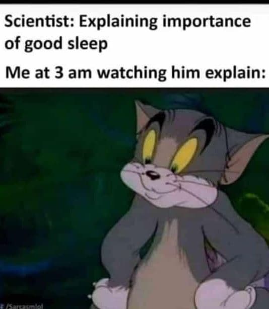 Scientist explaining importance of good sleep me at 3 am watching him explain