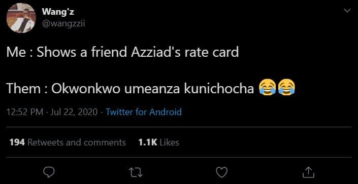 Wang'z wangzzii me shows a friend azziad's rate card them okwonkwo umeanza kunic