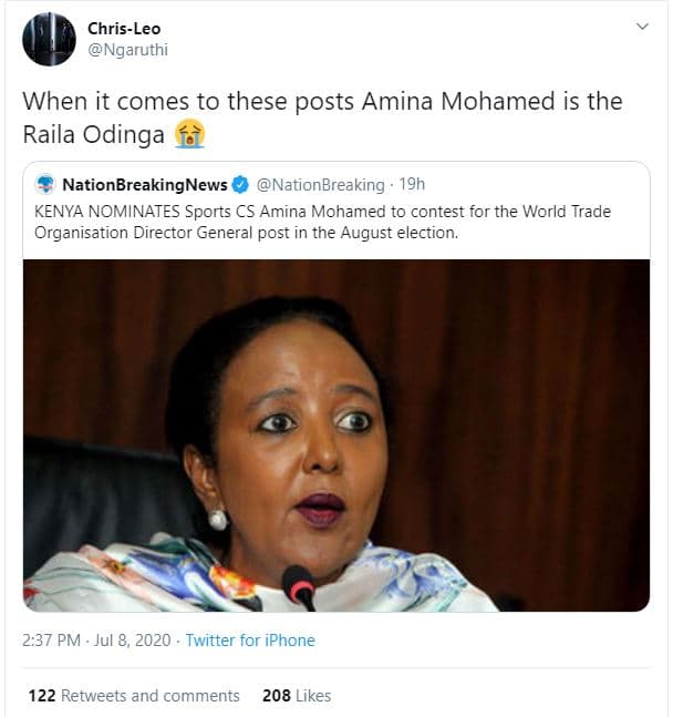 Chrisleo ngaruthi when it comes to these posts amina mohamed is the raila odinga