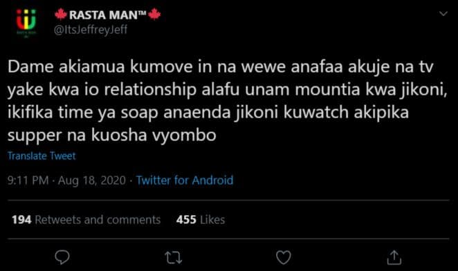 Rasta man itsjeffreyjeff dame akiamua kumove in na wewe anafaa akuje na tv yake