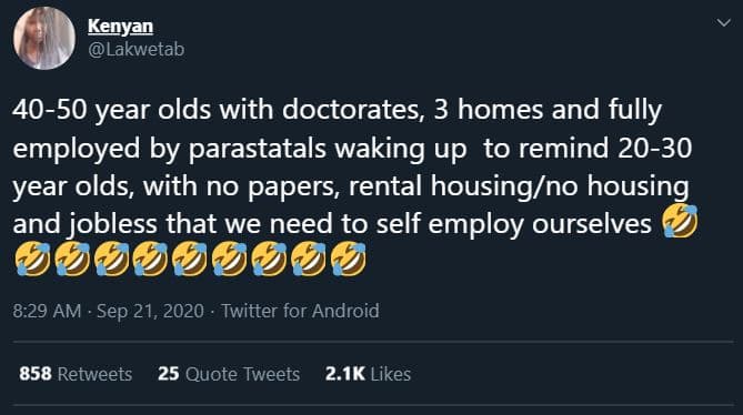 Kenyan lakwetab 4050 year olds with doctorates 3 homes and fully employed by par