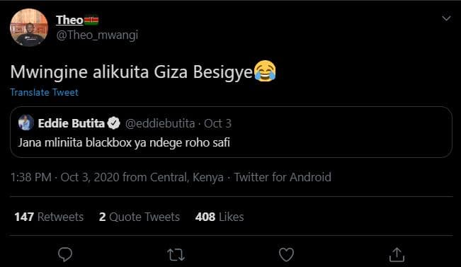 Iheo theo_mwangi mwingine alikuita giza besigyee translate tweet eddie butita ed