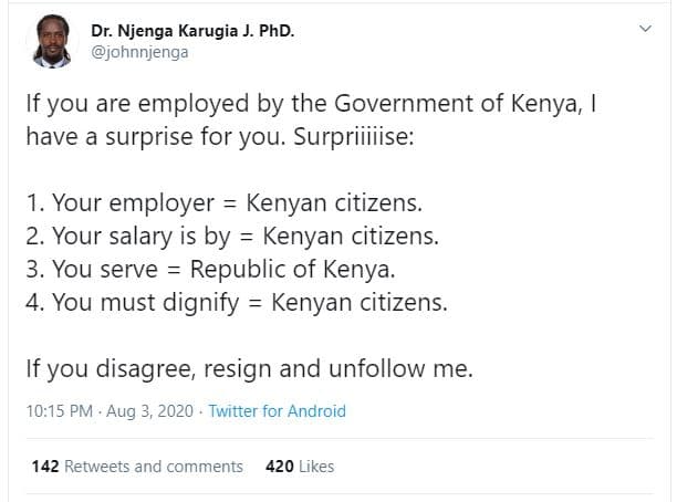 Dr. njenga karugia . phd. johnnjenga if you are employed by the government of ke