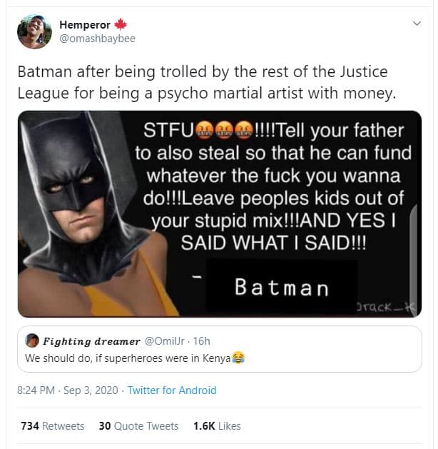 Hemperor omashbaybee batman after being trolled by the rest of the justice leagu
