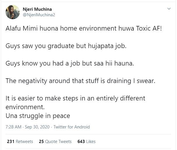 Njeri muchina njerimuchinaz alafu mimi huona home environment huwa toxic af! guy