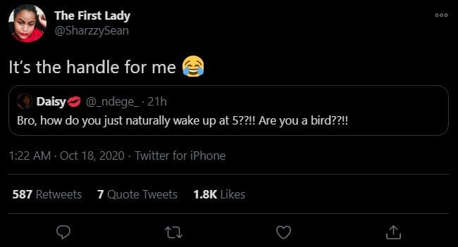 The first lady sharzzysean it's the handle for me daisy ndege_. 21h bro, how do