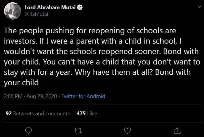 Lord abraham mutai itsmutai the people pushing for reopening of schools are inve