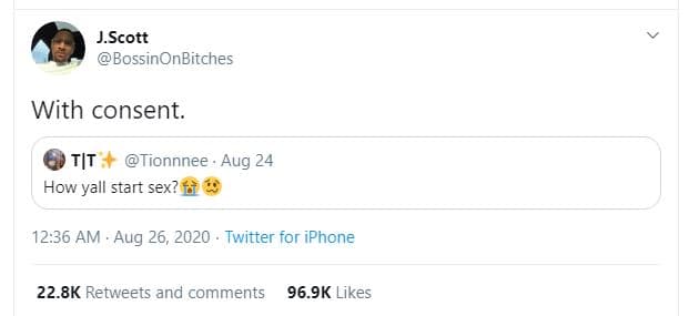 Jscott bossinonbitches with consent. tit tionnnee . aug 24 how yall start sex? 1