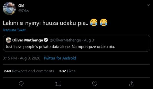 Olé olez lakini si nyinyi huuza udaku pia translate twveet oliver mathenge olive