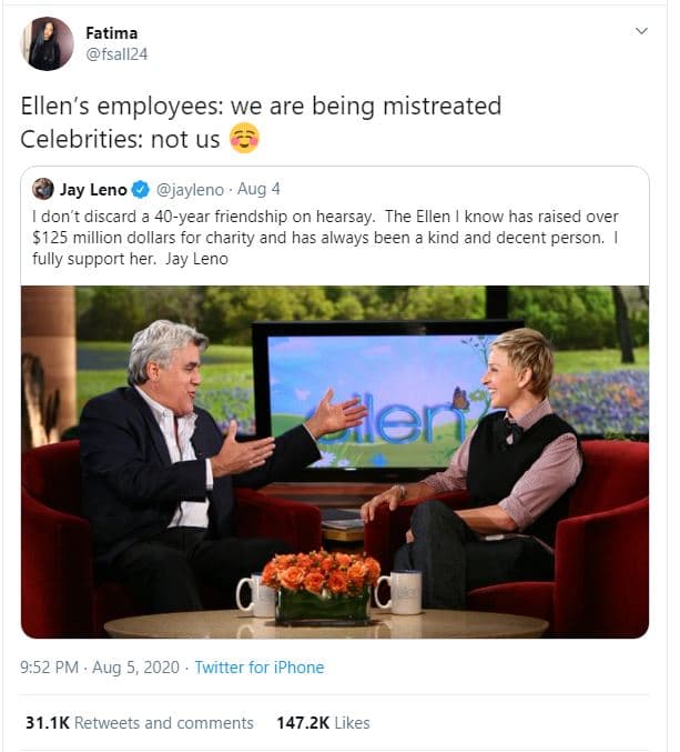 Fatima fsall24 ellen's employees we are being mistreated celebrities not us jay