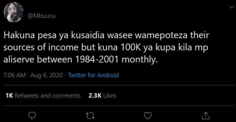 Mbuucu hakuna pesa ya kusaidia wasee wamepoteza their sources of income but kuna