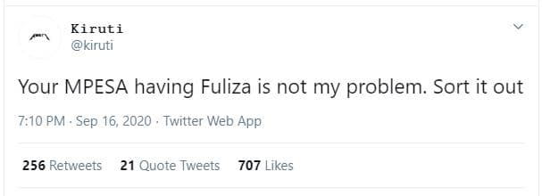 Kiruti kiruti your mpesa having fuliza is not my problem. sort it out 7,10 pm se