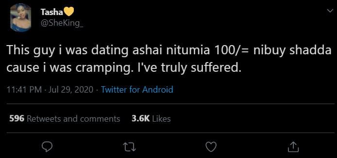 Tasha sheking _ this guy i was dating ashai nitumia 100 nibuy shadda cause 1 was