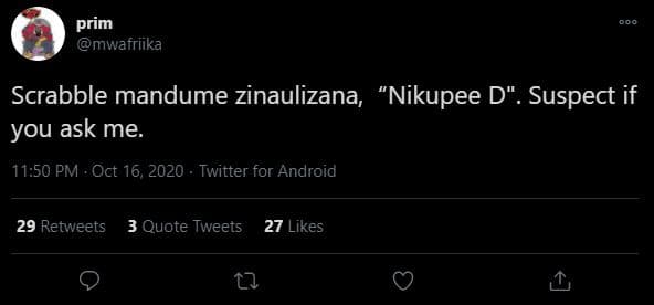 Prim mwafriika scrabble mandume zinaulizana nikupee d . suspect if you ask me. 1