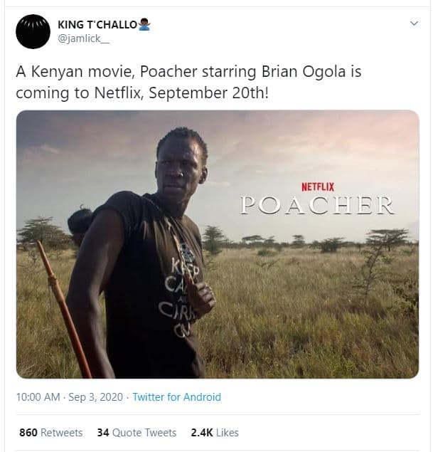 King t'challo jamlick kenyan movie poacher starring brian ogola is coming to net